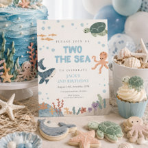 Two the Sea Cute Watercolor Blue Boy 2nd Birthday