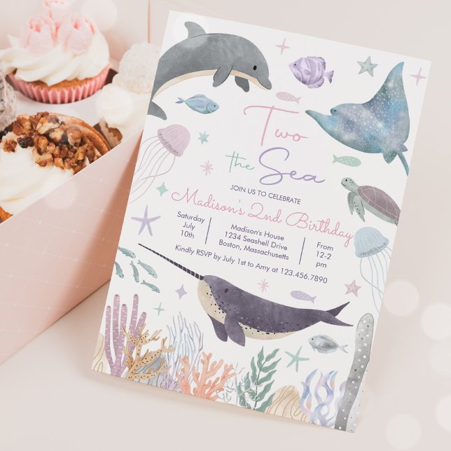 Two The Sea Dolphin Narwhal Sea Life 2nd Birthday  Invitation (Creator Uploaded)