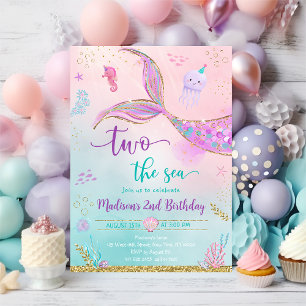 Two the Sea Mermaid Pink Purple 2nd Birthday Invitation