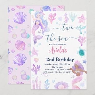 Two the Sea Mermaids Pool Party 2nd Birthday  Invitation
