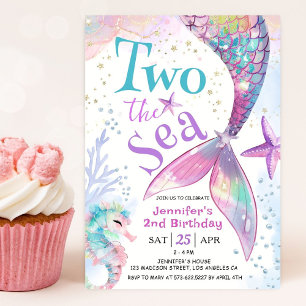 Two The Sea Pink Girl Mermaid 2nd Birthday   Invitation