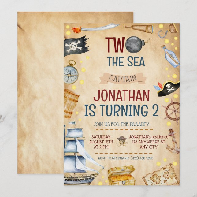 Two The Sea Pirate Ship 2nd Birthday Party Invitation (Front/Back)