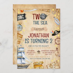 Two The Sea Pirate Ship 2nd Birthday Party Invitation
