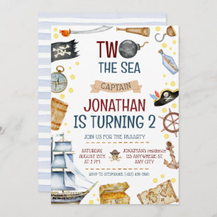 Two The Sea Pirate Ship 2nd Birthday Party Invitation