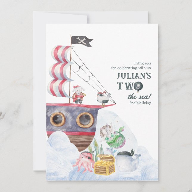 Two The Sea Pirate Ship Mermaid 2nd Birthday Party Thank You Card (Front)