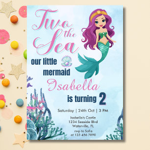Two the Sea Purple Mermaid Girls 2nd birthday Invitation