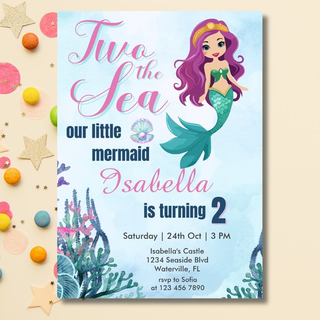 Two the Sea Purple Mermaid Girls 2nd birthday Invitation (Creator Uploaded)