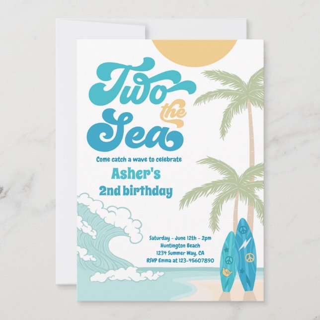 Two The Sea Retro Surfboard Beach 2nd Birthday Invitation (Front)