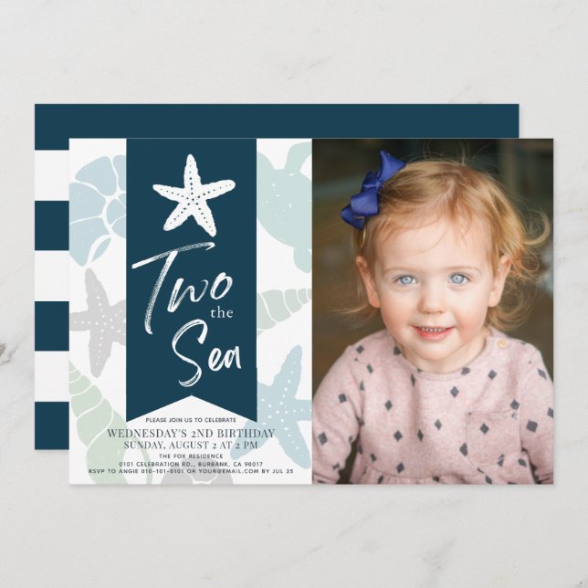 Two the Sea Starfish Navy Blue 2nd Birthday Photo Invitation (Front/Back)