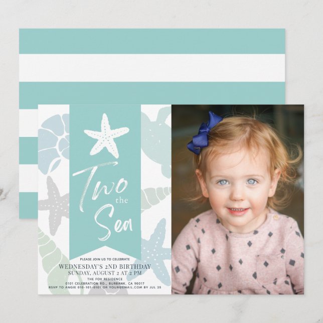 Two the Sea Starfish Turquoise 2nd Birthday Photo Invitation (Front/Back)