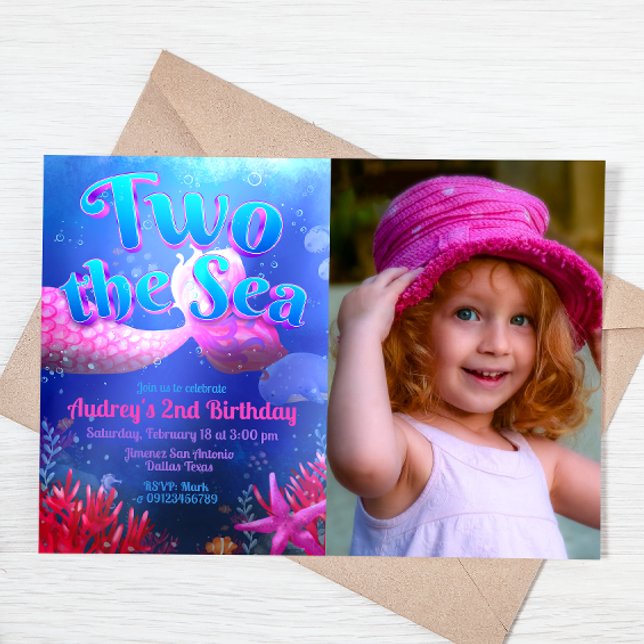 Two the Sea with Photo Landscape Invitation (Two the Sea - Girl Mermaid 2nd Birthday Landscape Invitation with Picture)