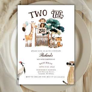 Two The Zoo Animals Safari 2nd Second Birthday  Invitation