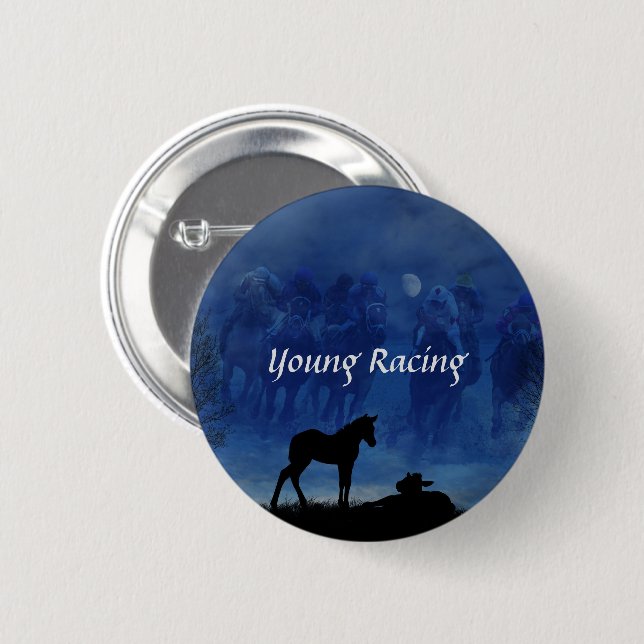 Two Thoroughbred Racehorse Foals Round Pin Button (Front & Back)