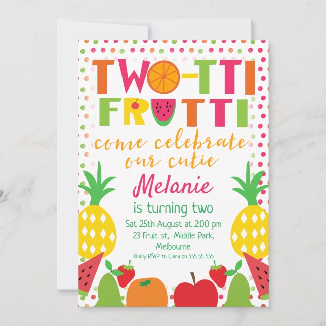 Two-tii Fruit Come Celebrate 2nd Birthday invite (Front)
