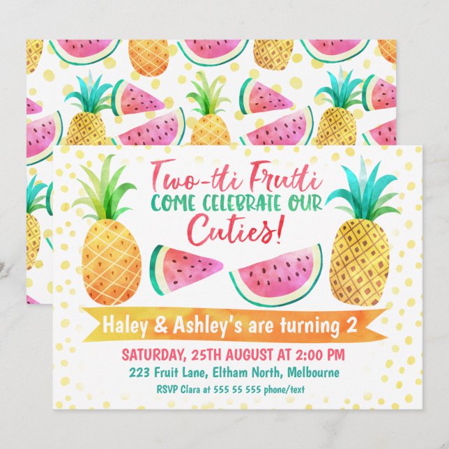 Two-Tii Frutti Girl Twins Birthday Invitation (Front/Back)