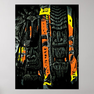 Two tiki statues sunrise tropical poster