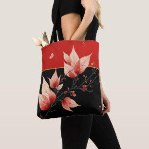 Two Tone Black and Red with Leaf detail Tote Bag