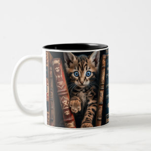 Two-Tone Ceramic Mug Bengal Kitten Old Books