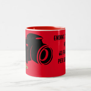 Two-tone coffee mug "ending careers at 60 frames"