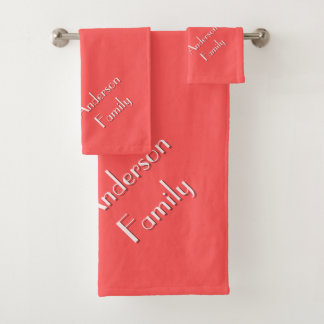 Two-Tone Coral Red Modern Custom Family Name Bath Towel Set