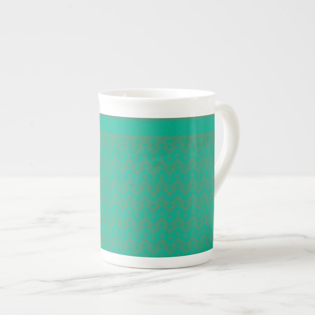 Two-tone Emerald Green Geometric Pattern Bone China Mug (Front Right)