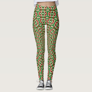 Two Tone Green And Red And White Christmas Mandala Leggings