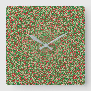 Two Tone Green With Red and White Kaleidoscope Square Wall Clock
