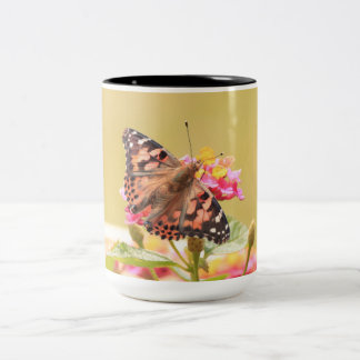 Two tone mug with pic of a painted lady butterfly 