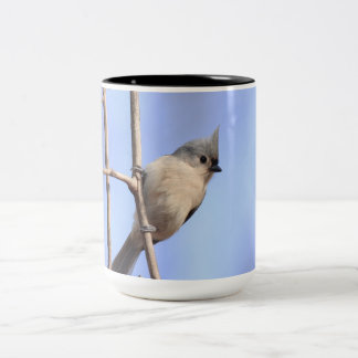 Two tone mug with picture of a tufted titmouse