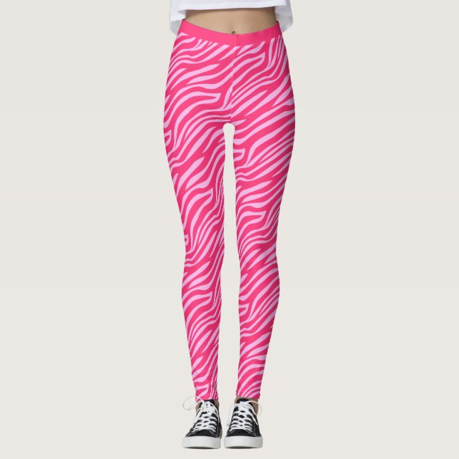 Two Tone Neon Pink Tiger Stripe Pattern Gym Leggings (Front)