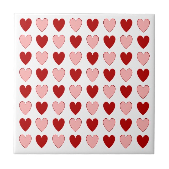 Two Tone Red and Pink Hearts Chequerboard Pattern Ceramic Tile (Front)