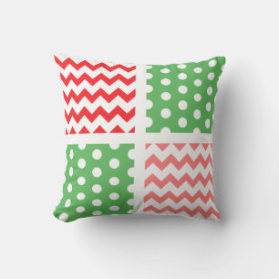 Two-Tone Red/Green/White Chevron/Polkadot Cushion