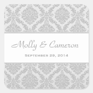 Two Tone Silver Grey Damask Wedding V79 Square Sticker