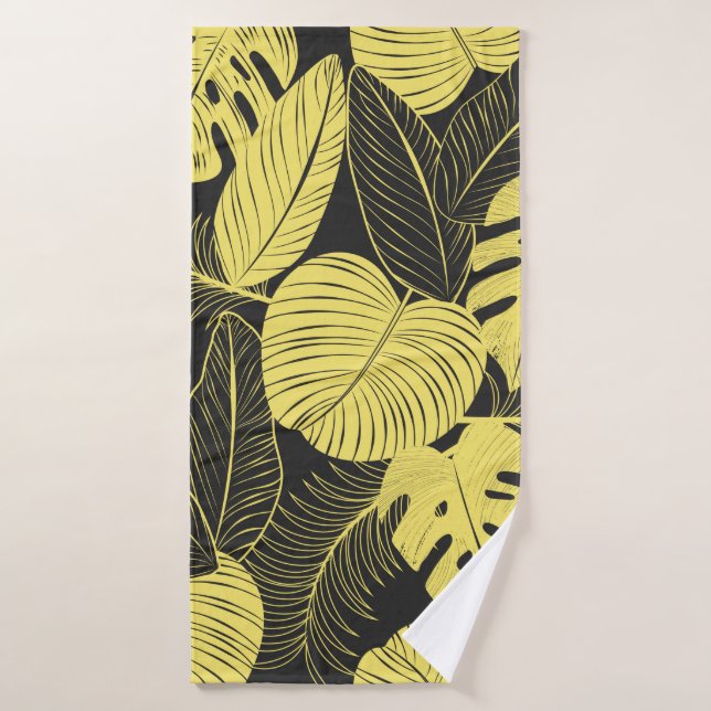 Two Tone Yellow Black Tropical Leaf Seamless Patte Bath Towel (Bath Towel)
