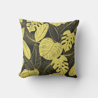 Two Tone Yellow Black Tropical Leaf Seamless Patte Cushion