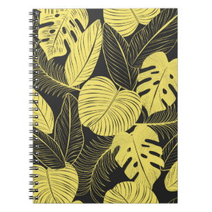 Two Tone Yellow Black Tropical Leaf Seamless Patte Notebook