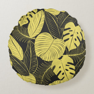 Two Tone Yellow Black Tropical Leaf Seamless Patte Round Cushion