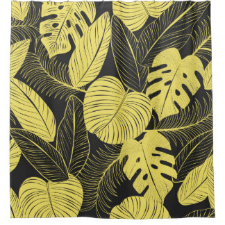 Two Tone Yellow Black Tropical Leaf Seamless Patte Shower Curtain