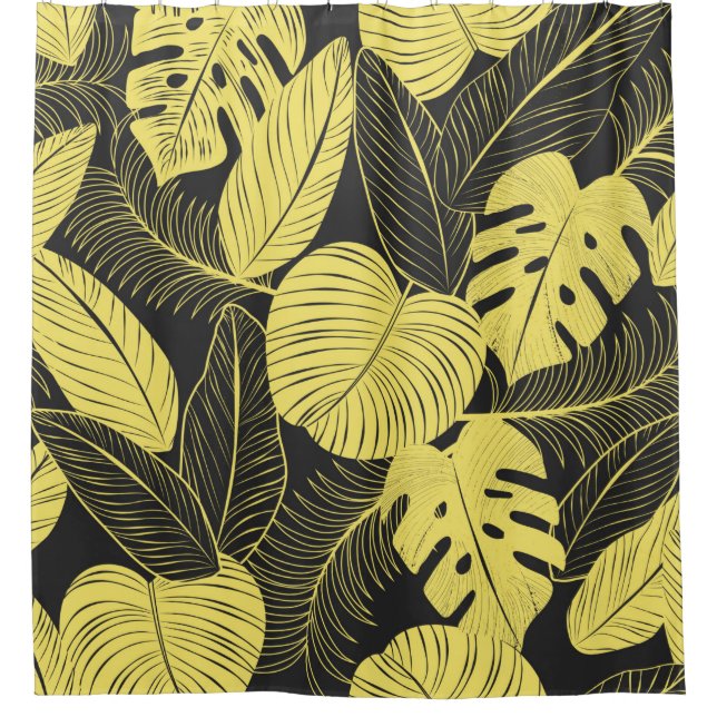 Two Tone Yellow Black Tropical Leaf Seamless Patte Shower Curtain (Front)