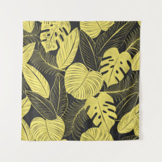 Two Tone Yellow Black Tropical Leaf Seamless Patte Tapestry