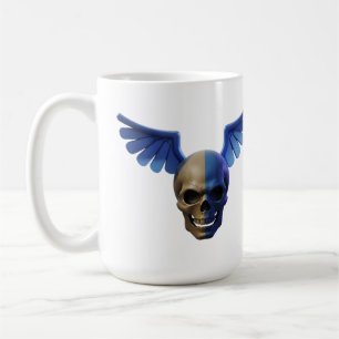 Two-Toned Skull with Blue Stylized Wings Coffee Mug