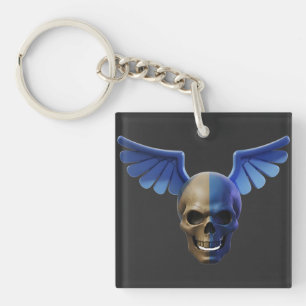 Two-Toned Skull with Blue Stylized Wings Key Ring