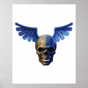 Two-Toned Skull with Blue Stylized Wings Poster