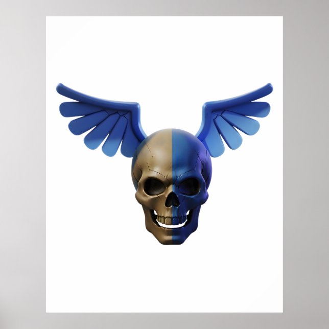Two-Toned Skull with Blue Stylized Wings Poster (Front)
