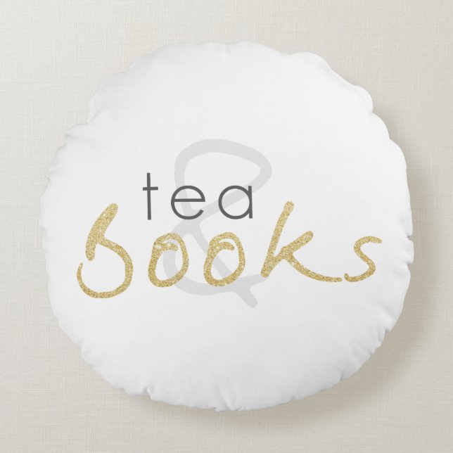 Two Toned Tea and Books Round Pillow (Front)