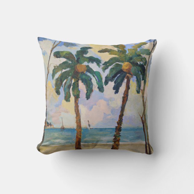 Two Tropical Palm Trees Oil Painting Cushion (Front)