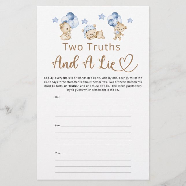 Two Truths And A Lie Boy Teddy Bear Baby Shower  (Front)