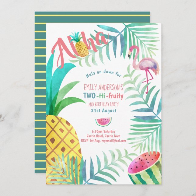 TWO-tti FRUITY 2nd Birthday Tropical Invitations (Front/Back)