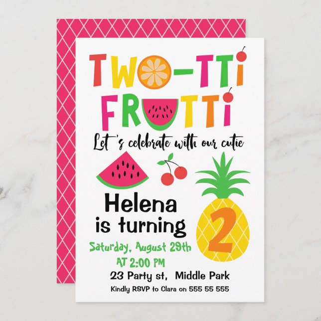 Two-tti Frutti 2nd Birthday Invitation for Girl (Front/Back)