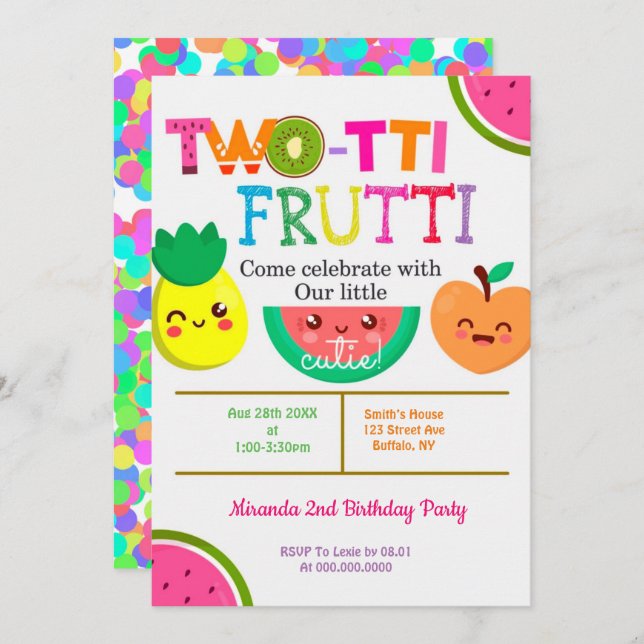 Two-tti Frutti  2nd Girl Birthday Party Invites (Front/Back)